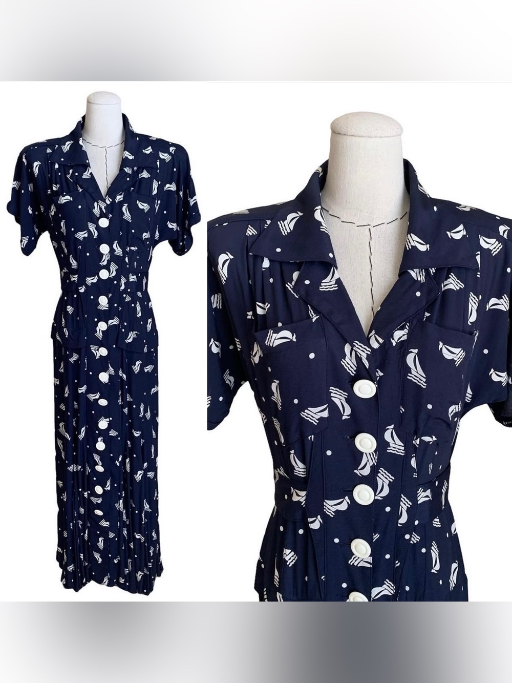 Vintage 80s Karen Alexander Sailboat Print Button-Front Dress 40s Style sz Small